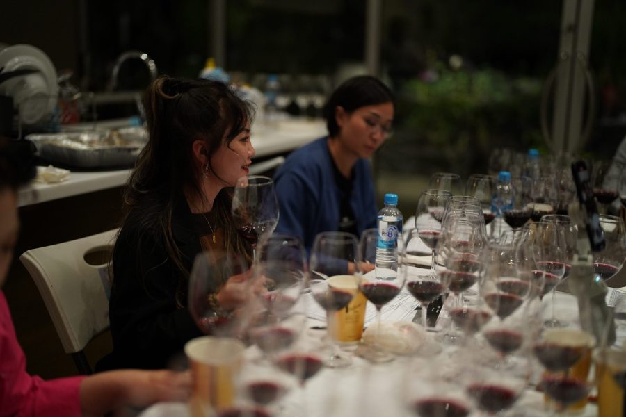 Wine tasting experience at Monteperle Wines cellar door with lined up wine glasses ready for professional tasting notes