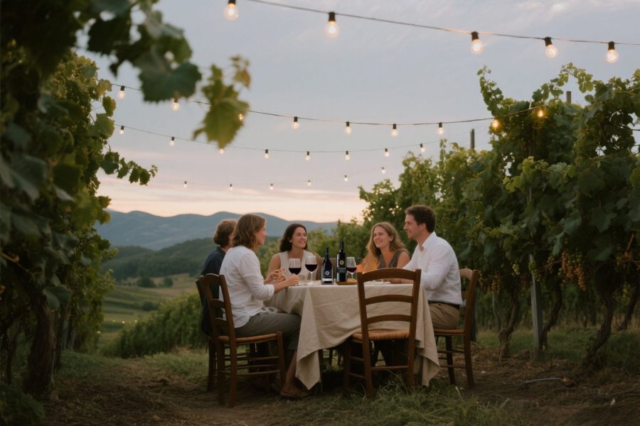 Visitors enjoying wine tasting experience at Monteperle vineyard in Barossa Valley Lyndoch with mountain views