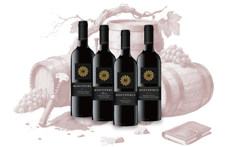 Monteperle Reserve collection wine bottles displayed with oak barrel and fine lined hand drawing graphic background showcasing collective luxury atmosphere